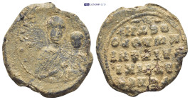 Byzantine Lead Seal (26mm, 11.6 gr) Obv: Nimbate and draped half length bust of the Virgin Mary, facing slightly to right, presenting the youthful Chr...