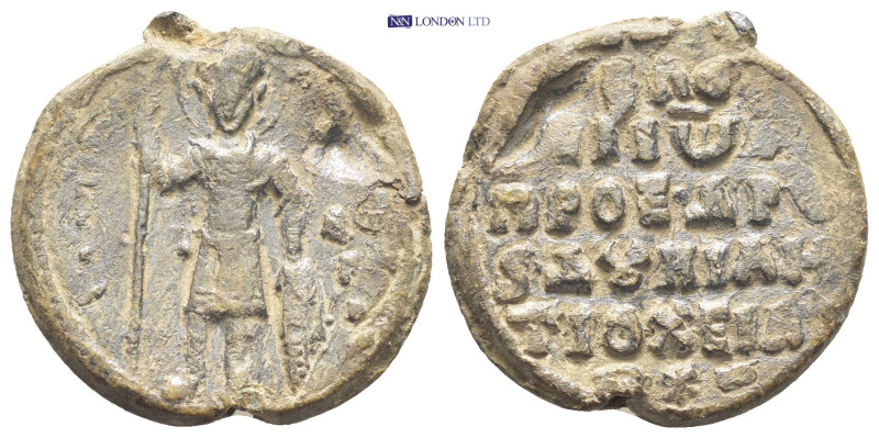 Byzantine Lead Seal (28mm, 14.6 gr) Obv: St. George standing, balancing his spea...