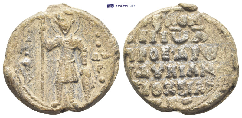 Byzantine Lead Seal (28mm, 16.8 gr) Obv: St. George standing, balancing his spea...