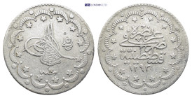 Ottoman Empire. Abdülhamid II. AH 1293-1327 / AD 1876-1909. AR 5 Kuruş (23mm, 5.8 g). Kostantaniye (Constantinople) mint. Dated RY 17. Tughra; Elgazi ...