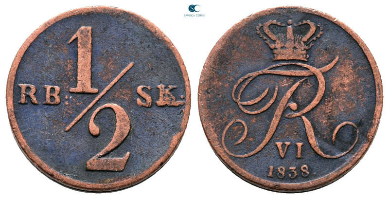 Denmark. AD 1838. 
1/2 Skilling

 mm, 3,45 g



Very Fine