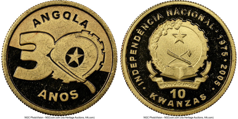 Republic gold Proof "30th Anniversary of Independence" 10 Kwanzas 2005 PR63 Ultr...