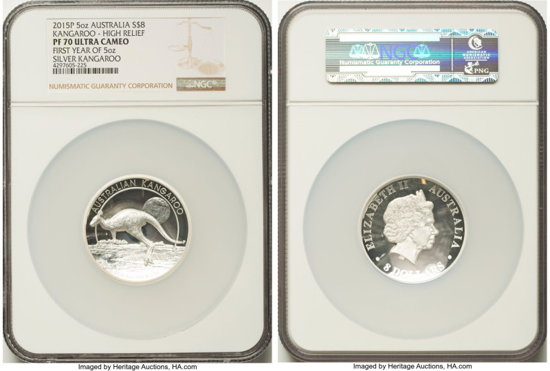 Elizabeth II silver High Relief Proof "Kangaroo" 8 Dollars (5 oz) 2015-P PR70 Ul...