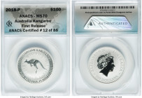 Elizabeth II platinum "Kangaroo" 100 Dollars (1 oz) 2018-P MS70 ANACS, Perth mint, KM3594. Kangaroo series. First Releases. ANACS Certified as #12 of ...