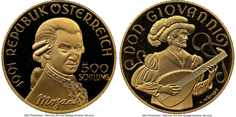 Republic gold Proof 'Wolfgang Amadeus Mozart" 500 Schilling 1991 PR69 Ultra Came...