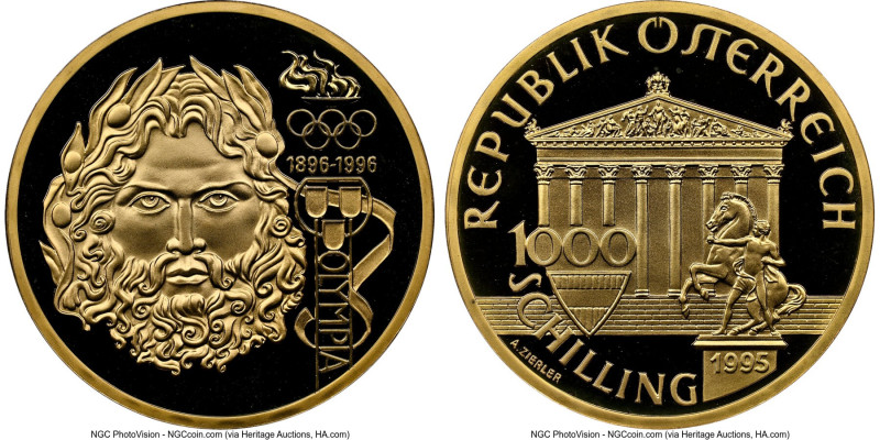 Republic gold '100th Anniversary of Olympics" Proof 1000 Schilling 1995 PR69 Ult...