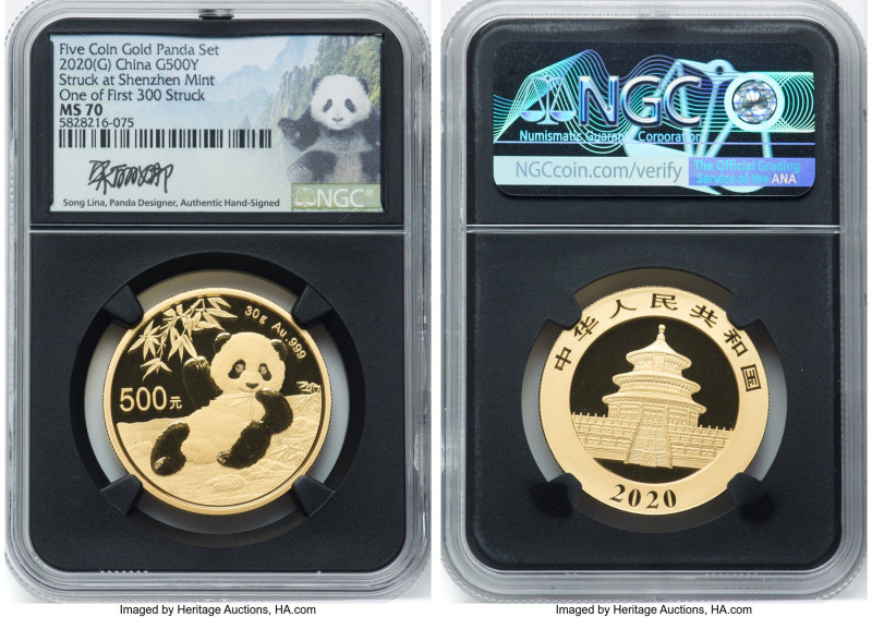 People's Republic 5-Piece Certified gold Proof "Panda" Set 2020(G) MS70 NGC, She...