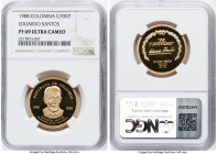 Republic gold Proof "100th Anniversary - Birth of Eduardo Santos Montejo" 70000 Pesos 1988 PR69 Ultra Cameo NGC, KM277. 100th Anniversary - Birth of P...