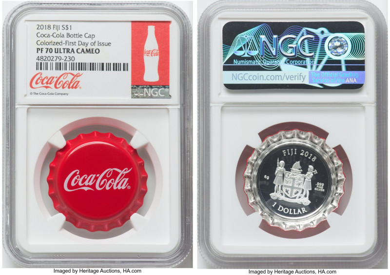 Republic silver Colorized Proof "Coca-Cola Bottle Cap" Dollar 2018 PR70 Ultra Ca...