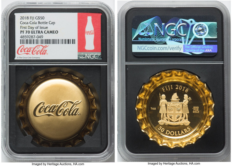 Republic gold Proof "Coca-Cola Bottle Cap" 50 Dollars (1 oz) 2018 PR70 Ultra Cam...