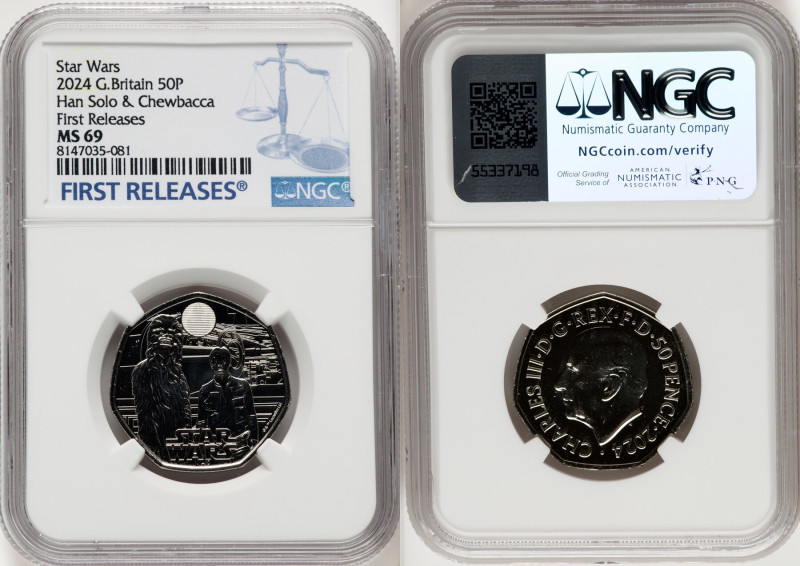 Charles III copper-nickel "Han Solo & Chewbacca" 50 Pence 2024 MS69 NGC, Star Wa...