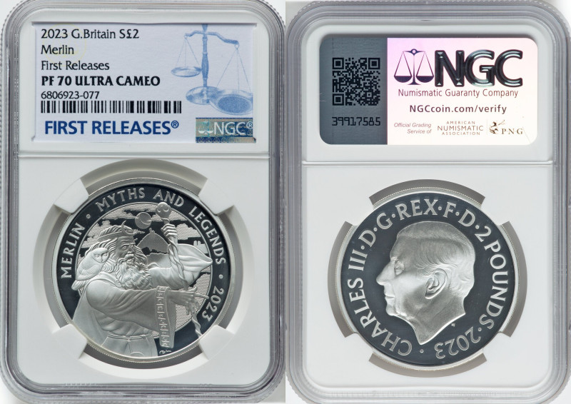 Charles III silver Proof "Merlin" 2 Pounds (1 oz) 2023 PR70 Ultra Cameo NGC, Min...