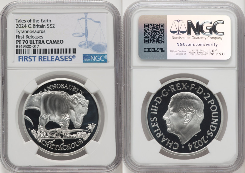 Charles III silver Proof "Tyrannosaurus" 2 Pounds (1 oz) 2024 PR70 Ultra Cameo N...