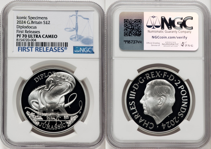 Charles III silver Proof "Diplodocus" 2 Pounds (1 oz) 2024 PR70 Ultra Cameo NGC,...