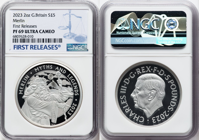 Charles III silver Proof "Merlin" 5 Pounds (2 oz) 2023 PR69 Ultra Cameo NGC, Min...