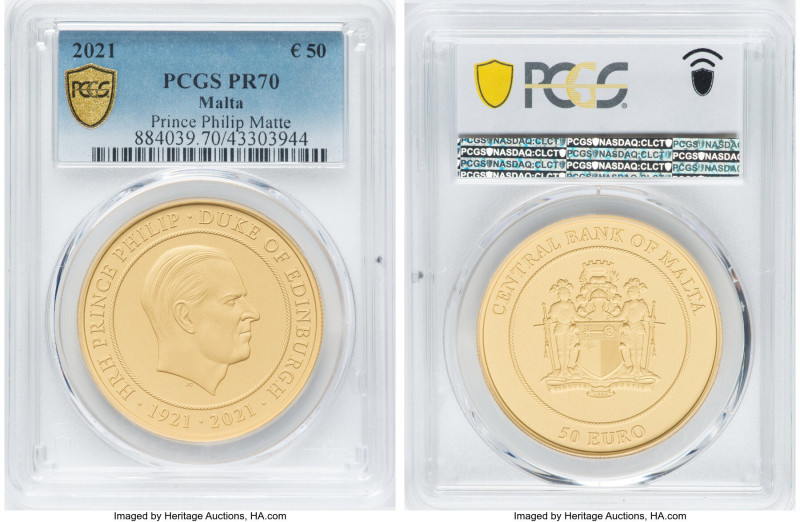 Republic gold Matte Proof "Prince Philip" 50 Euros 2021 PR70 PCGS, Commonwealth ...