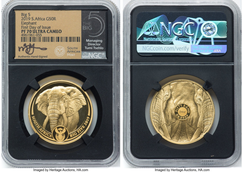 Republic gold Proof "Elephant" 50 Rand (1 oz) 2019 PR70 Ultra Cameo NGC, South A...