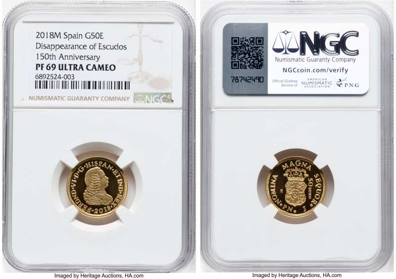 Juan Carlos I gold Proof "Disappearance of Escudos - 150th Anniversary" 50 Euros...