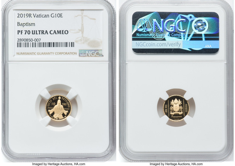 Francis gold Proof "Baptism" 10 Euros 2019-R PR70 Ultra Cameo NGC, Rome mint, KM...