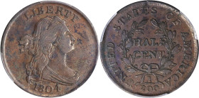 1804 Draped Bust Half Cent. C-8. Rarity-1. Spiked Chin. AU-50 (PCGS).
PCGS# 1075. NGC ID: 222G.