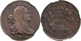 1806 Draped Bust Half Cent. C-4. Rarity-1. Large 6, Stems to Wreath. Fine Details--Environmental Damage (NGC).
PCGS# 1099. NGC ID: 222J.