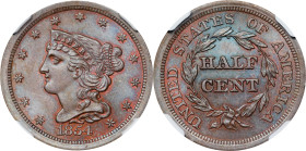1854 Braided Hair Half Cent. C-1. Rarity-1. MS-66 BN (NGC).
PCGS# 1230. NGC ID: 26YY.