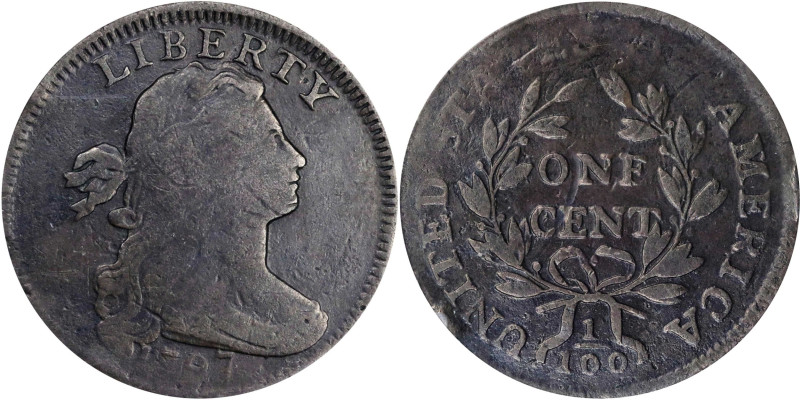 1797 Draped Bust Cent. S-128, B-23. Rarity-3. Reverse of 1797, Stems to Wreath. ...