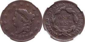 1817 Matron Head Cent. N-8. Rarity-2. 13 Stars. VF Details--Obverse Rim Damage (NGC).
PCGS# 1594. NGC ID: 2252.

1817年美國1分。
正面13星。...