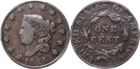 1824 Matron Head Cent. N-4. Rarity-2. VG-10 (PCGS).
PCGS# 1636. NGC ID: 225D.