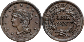 1848 Braided Hair Cent. N-27. Rarity-2. AU-53 (PCGS).
PCGS# 1883. NGC ID: 226E.