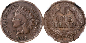 1869 Indian Cent. Reverse Retained Cud. Fine-15 BN (NGC).
PCGS# 2094. NGC ID: 227T.