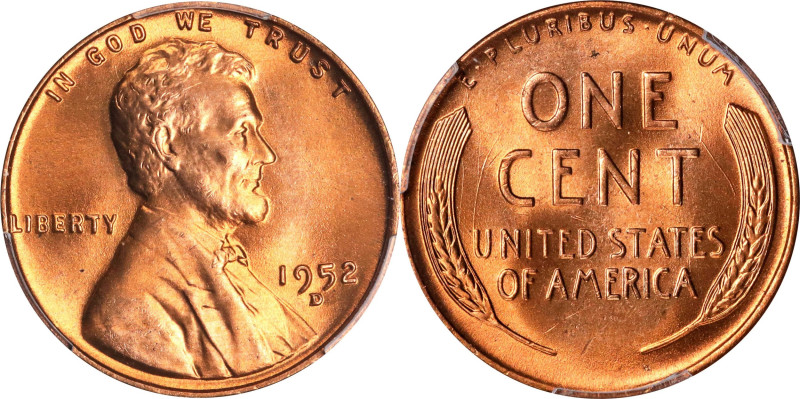 1952-D Lincoln Cent. MS-67 RD (PCGS).
PCGS# 2800. NGC ID: 22F7.