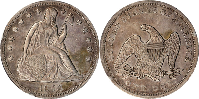 1850 Liberty Seated Silver Dollar. OC-1. Rarity-3. Repunched Date. EF Details--C...