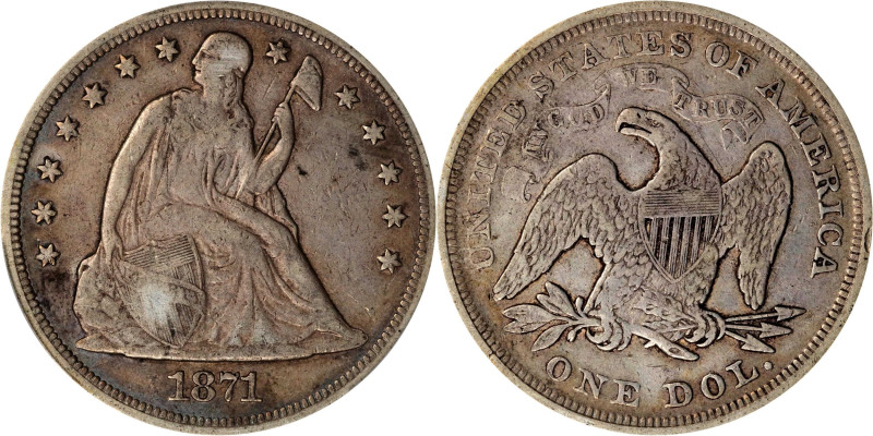 1871 Liberty Seated Silver Dollar. OC-8. Top 30 Variety. Doubled Die Obverse. Fi...