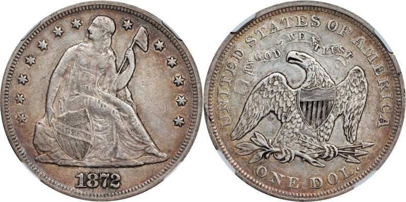 1872 Liberty Seated Silver Dollar. OC-3. Rarity-1. Top 30 Variety. Misplaced Dat...