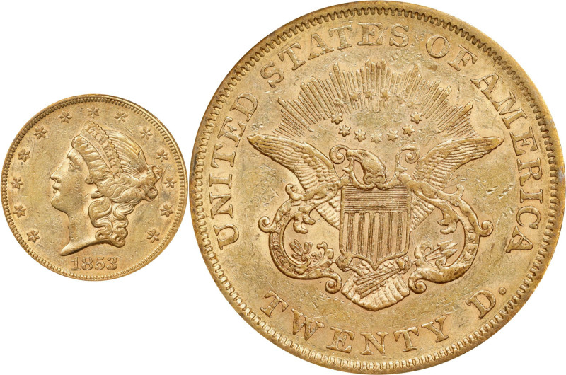 1853 Liberty Head Double Eagle. AU-50 (NGC).
PCGS# 8908. NGC ID: 268M.