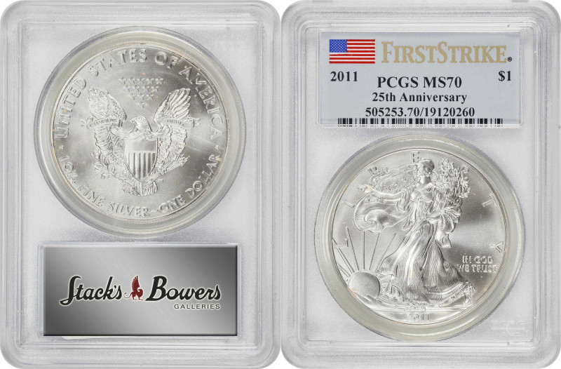 Lot of (10) 2011 Silver Eagles. 25th Anniversary. First Strike. MS-70 (PCGS).
P...