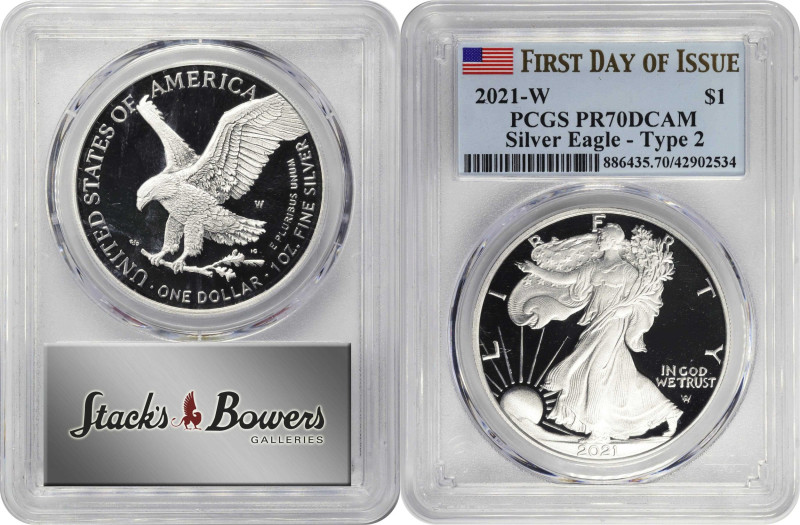 Lot of (2) 2021-W Silver Eagles. First Day of Issue. Proof-70 Deep Cameo (PCGS)....