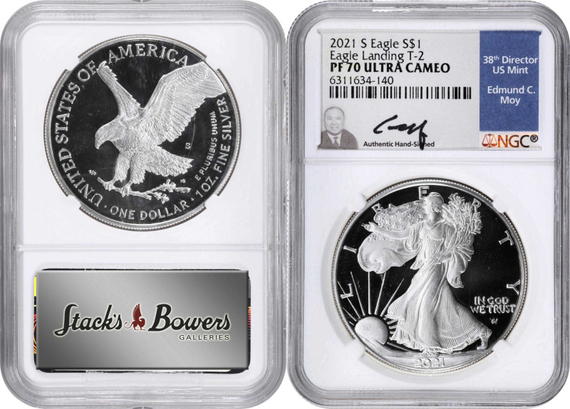 Lot of (2) 2021-S Silver Eagles. Type II, Eagle Landing. Proof-70 Ultra Cameo (N...