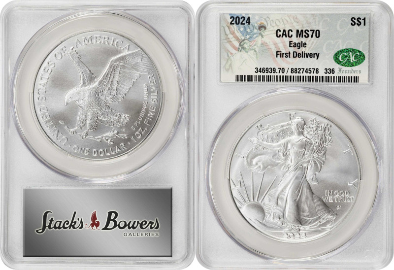 Lot of (10) 2024 Silver Eagles. First Delivery. MS-70 (CACG).
PCGS# 934800.