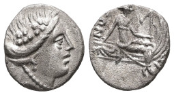 Euboia, Histiaia. AR Obol, 0.81 g 12.44 mm. Circa 3rd-2nd centuries BC.
Obv.: Wreathed head of the nymph Histiaia right.
Rev.: [IΣTI]AIEΩN. Nymph seat...