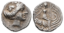 Euboia, Histiaia. AR Tetrobol, 1.28 g 13.14 mm. 3rd-2nd centuries BC.
Obv: Wreathed head of the nymph Histiaia right.
Rev: IΣTIAIEΩN. Nymph seated rig...