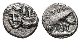 Moesia, Istros. AR Hemiobol, 0.46 g 8.06 mm. Late 5th-4th centuries BC.
Obv: Facing male heads, the right inverted.
Rev: IΣTPIH. Sea eagle on dolphin ...