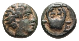 Lesbos, Uncertain (Mytilene?). Ae 0.77 g 8.46 mm. Circa 350 BC.
Obv: Head of young male right
Rev: T-E, lyre
Ref:Unpublished standart referance
Fi...