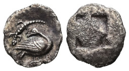 Macedon, Eion. AR Obol, 0.62 g 11.30 mm. Circa 460-400 BC. 
Obv: Goose standing right, head to left; above, lizard left; below, H. 
Rev: Quadripartite...