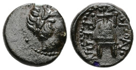 Macedon, Orthagoreia. Ae, 1.55 g 14.00 mm. Circa 350 BC. 
Obv: Laureate head of Apollo to right 
Rev: ΟΡΘΑΓΟΡΕΩΝ, Macedonian helmet, surmounted by sta...