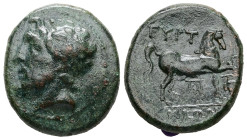 Thessaly, Gyrton. Ae Trichalkon, 7.34 g 21.08 mm. 3rd century BC. 
Obv: Laureate head of Zeus left 
Rev: ΓΥΡΤ/ΩΝΙΩΝ, horse prancing right; monogram be...