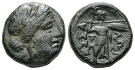 Thessaly, Thessalian League. Ae Trichalkon, 7.82 g 18.44 mm. Mid-late 2nd century BC. 
Obv: Laureate head of Apollo right. 
Rev: Athena Itonia advanci...