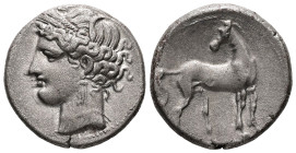 North Africa, Carthage. AR Shekel, 7.31 g 22.33 mm. Circa 264-241 BC.
Obv: Head of Tanit-Persephone to left, wearing wreath of barley ears, triple pe...