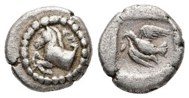 Kings of Thrace, Sparadokos. AR Diobol, 1.26 g 10.10 mm. Circa 464-444 BC. 
Obv: ΣΠΑ Forepart of a horse left. 
Rev: Eagle flying left, holding serpen...